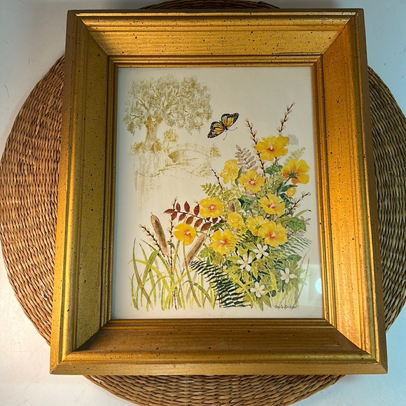 Vintage 1970s Lithograph Wildflowers & Butterfly Gloria Eriksen Gold Frame - Picture 1 of 7